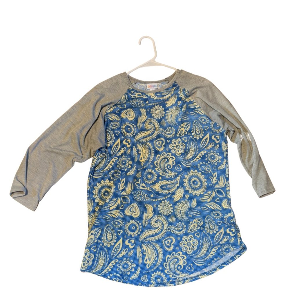 LulaRoe Randy Large  Blue & Yellow Long Sleeve Shirt